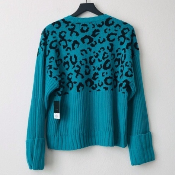 New! Nine West Leopard Cheetah Chunky Knit Ribbed Teal Black Crewneck Sweater - Picture 4 of 10